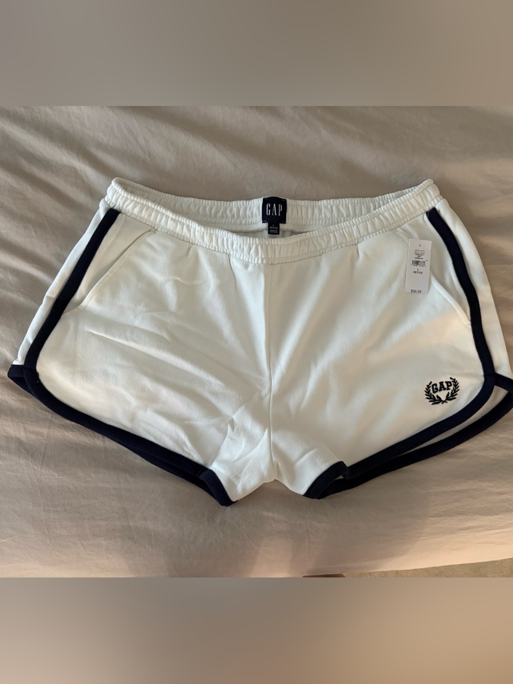 GAP white terry track shorts with Navy trim
